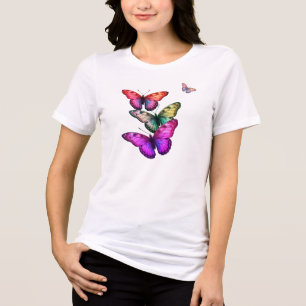 Brightly Coloured Butterflies Front + Back of Whit Tri-Blend Shirt