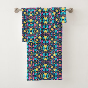 Brightly coloured butterfly and floral pattern bath towel set
