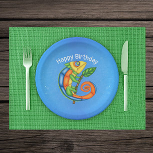 Brightly Coloured Cartoon Lizard Leaf Birthday Paper Plate