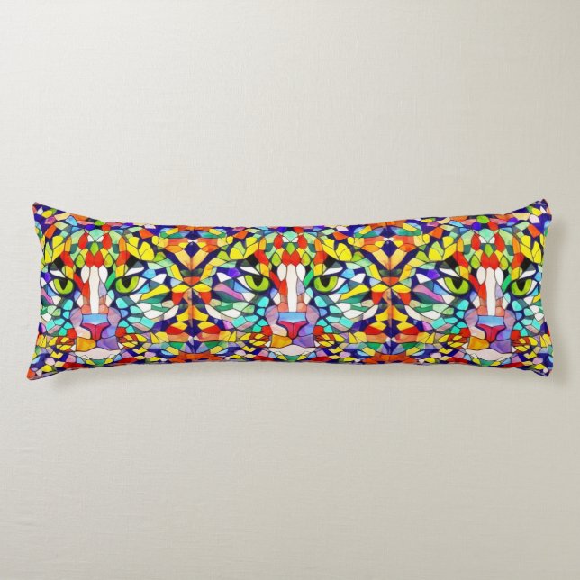 Brightly Coloured Cat Faces - Snazzy Mosaic Patter Body Cushion (Front)
