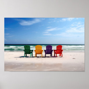 Brightly Coloured Chairs on an Empty Beach Poster