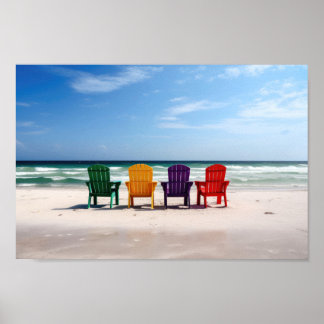 Brightly Coloured Chairs on an Empty Beach Poster