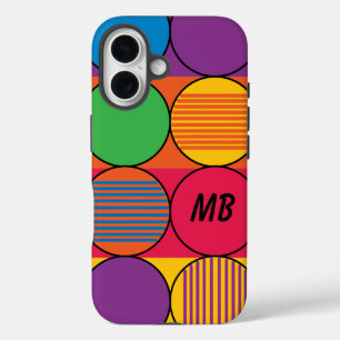 Brightly Coloured Circles and Stripes and Initials iPhone 16 Case