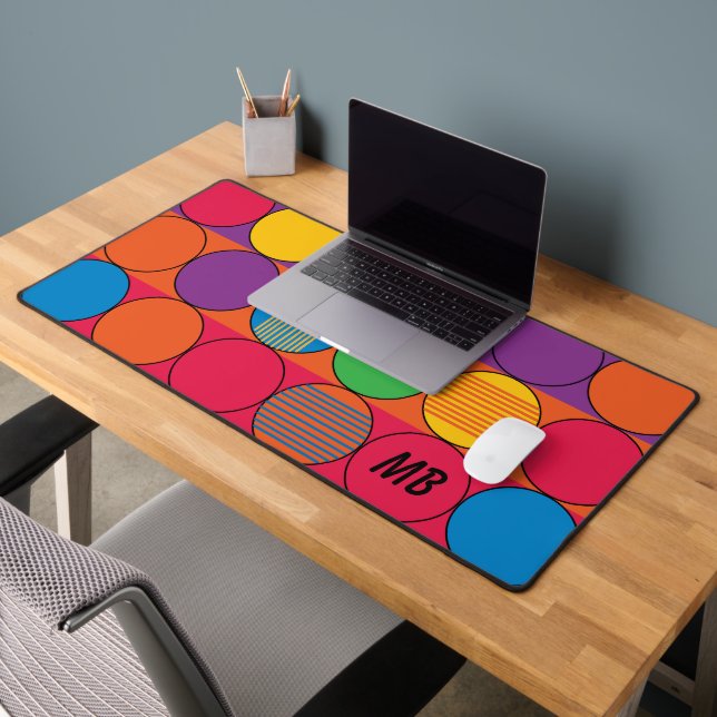 Brightly Coloured Circles and Stripes and Initials Desk Mat (Office 2)