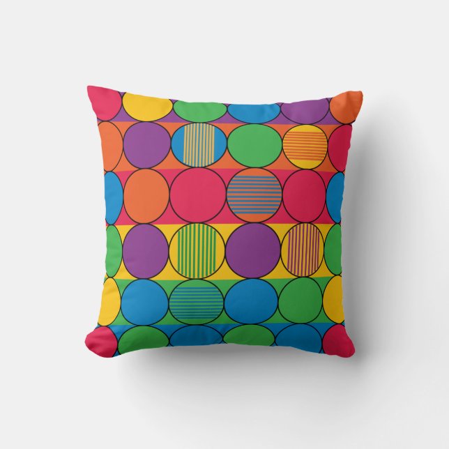 Brightly Coloured Circles and Stripes Cushion (Front)