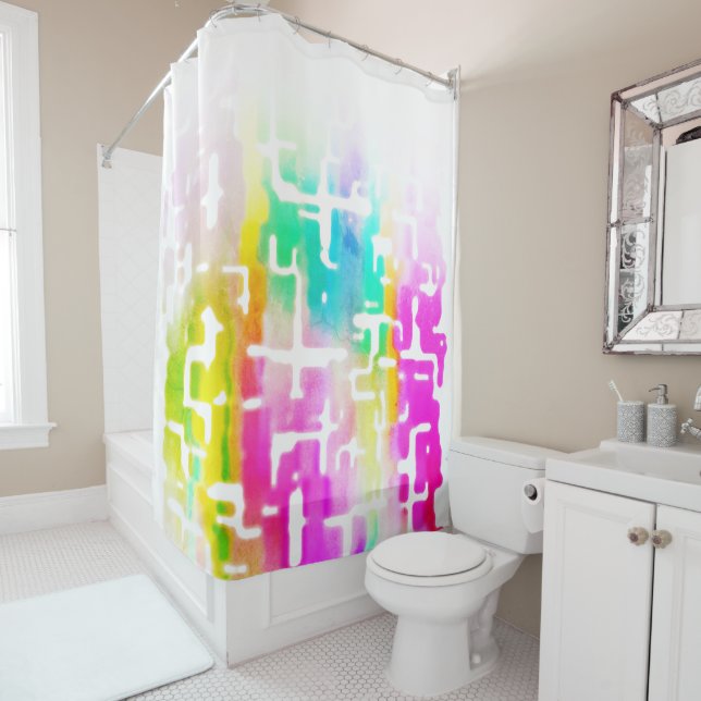 Brightly Coloured Crazy Rustic Abstract Pattern Shower Curtain (In Situ)