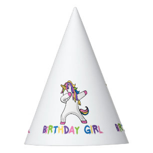 Brightly Coloured Dabbing Unicorn Birthday Girl Party Hat