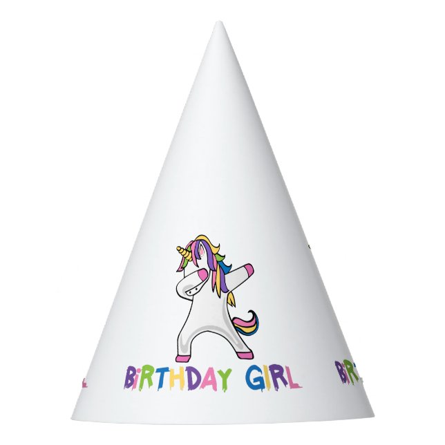 Brightly Coloured Dabbing Unicorn Birthday Girl Party Hat (Front)