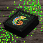 Brightly Coloured Fantasy Lizard Leaf Green Dots Gift Box<br><div class="desc">This wood gift box for trinkets,  jewellery,  or gift giving has a brightly coloured fantasy lizard in blue green,  yellow,  and orange holding a small branch with a green leaf on a black with vibrant green dots.  Customise your text with the template.</div>