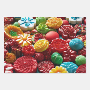 Brightly coloured floral-shaped candies wrapping paper sheet