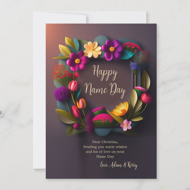 Brightly Coloured Floral Wreath Name Day Card (Front)