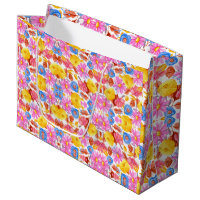 Brightly coloured gift bag with a floral design 