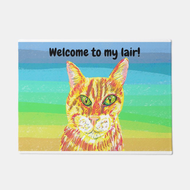 Brightly coloured ginger cat welcome to my lair doormat (Front)