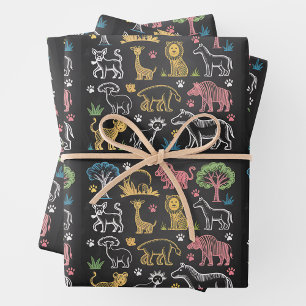 Brightly coloured jungle animals and trees wrapping paper sheet