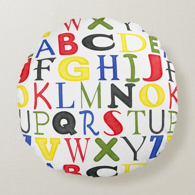 Brightly Coloured Letters by Megan Meagher Round Cushion (Front)