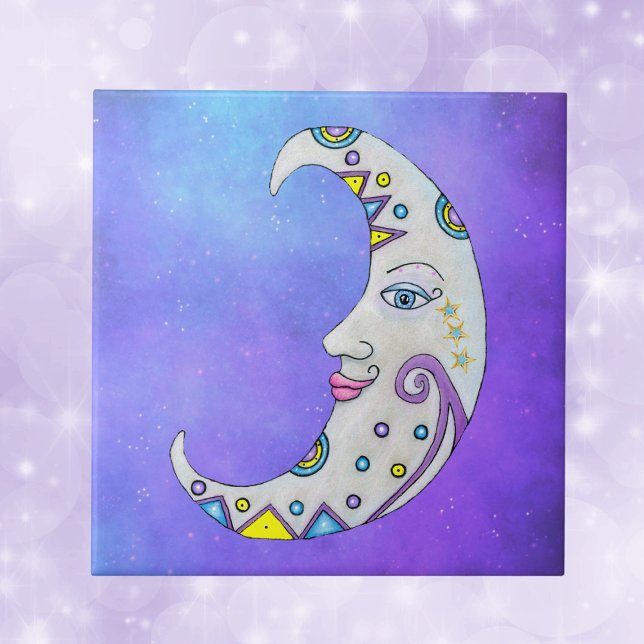 Brightly Coloured Moon Pretty Face Stars Purple Sk Tile (Fantasy decorated white crescent moon with face and colourful accents on purple ceramic tile.)
