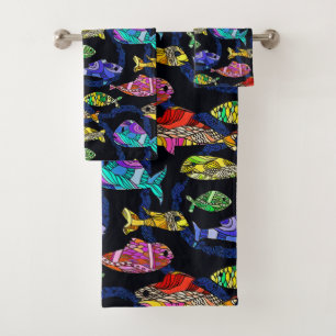 Brightly Coloured Mosaic Tropical Fish Bath Towel Set