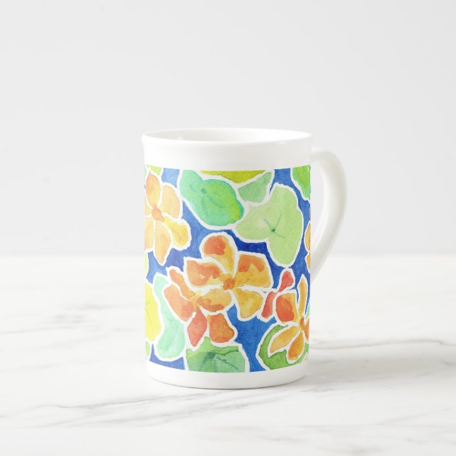 Brightly Coloured Nasturtiums Flowers on Blue Bone China Mug (Front Right)