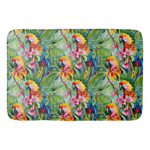 Brightly Coloured Parrots and Tropical Flowers Bath Mat
