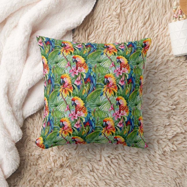 Brightly Coloured Parrots and Tropical Flowers Cushion (Blanket)