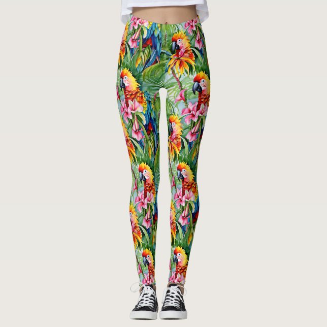Brightly Coloured Parrots and Tropical Flowers Leggings (Front)