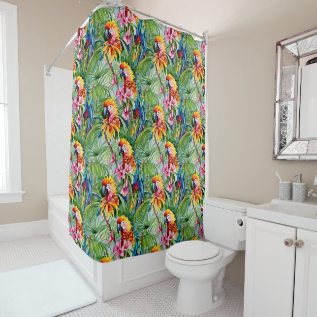 Brightly Coloured Parrots and Tropical Flowers Shower Curtain (In Situ)