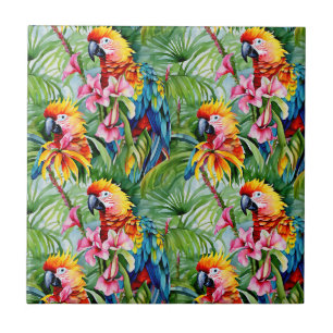 Brightly Coloured Parrots and Tropical Flowers Tile