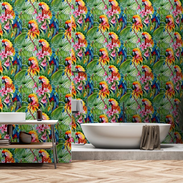 Brightly Coloured Parrots and Tropical Flowers Wallpaper (Bathroom)