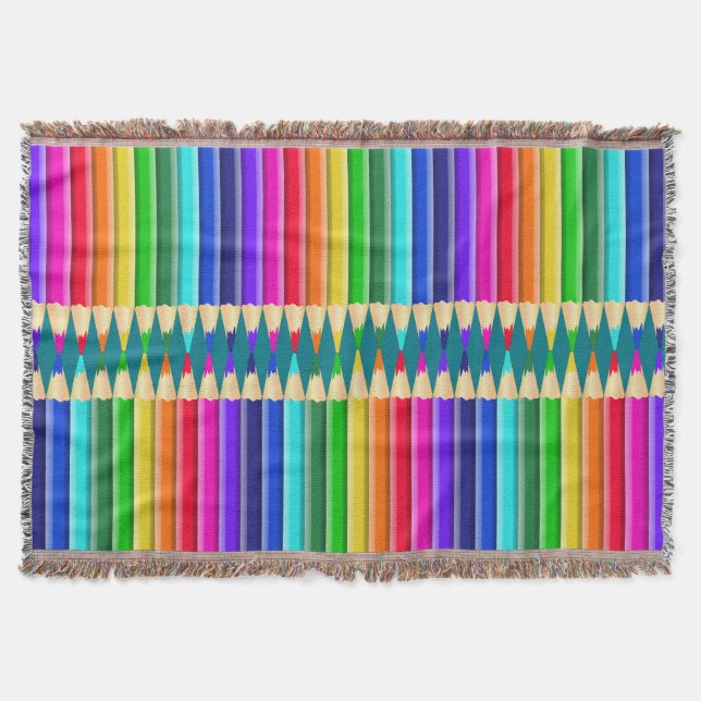 Brightly Coloured Rainbow Pencil, Crayon Throw Blanket (Front)