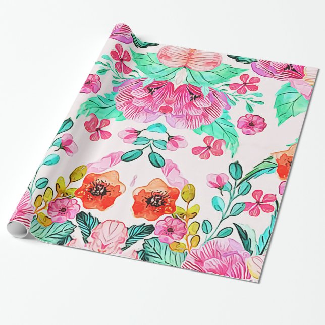 Brightly Coloured Scattered Flowers Wrapping Paper (Unrolled)
