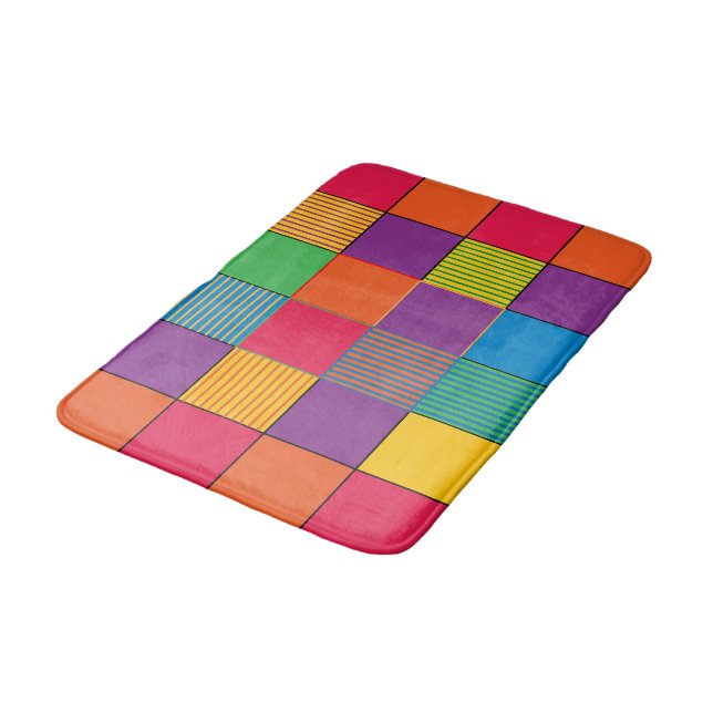 Brightly Coloured Squares and Stripes Bath Mat (Angled)