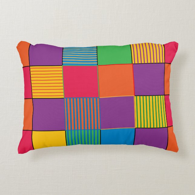 Brightly Coloured Squares and Stripes Decorative Cushion (Front)