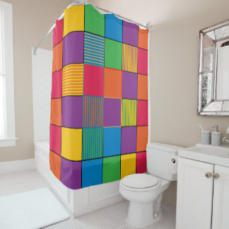 Brightly Coloured Squares and Stripes Shower Curtain