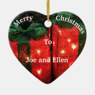 Brightly Lit, Red Present, Personalised Christmas Ceramic Tree Decoration