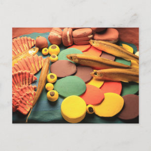 Brightly Painted Clay Sculpture of Fish Folk Art Postcard