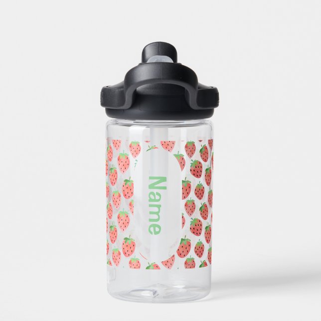 Brightly Pink & Red Strawberry Kids Personalised  Water Bottle (Back)