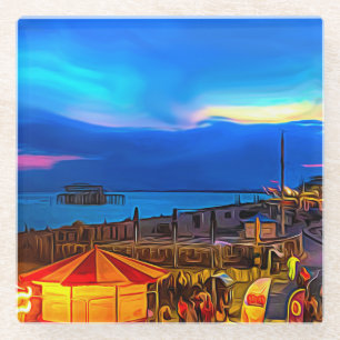 Brighton and Hove Beach & Sunset Digital Painting Glass Coaster
