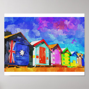 Brighton Bathing Boxes Watercolor Painting Poster