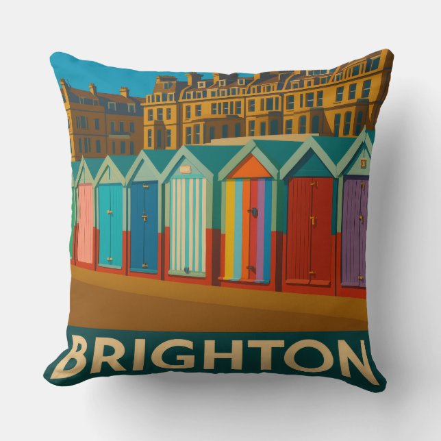 Brighton Beach Huts – Colourful Seaside Print Cushion (Front)
