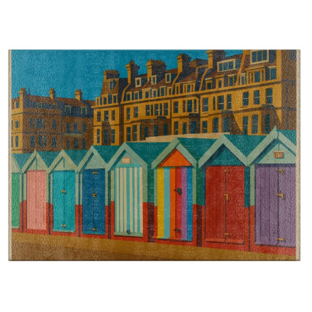 Brighton Beach Huts – Colourful Seaside Print Cutting Board (Front)