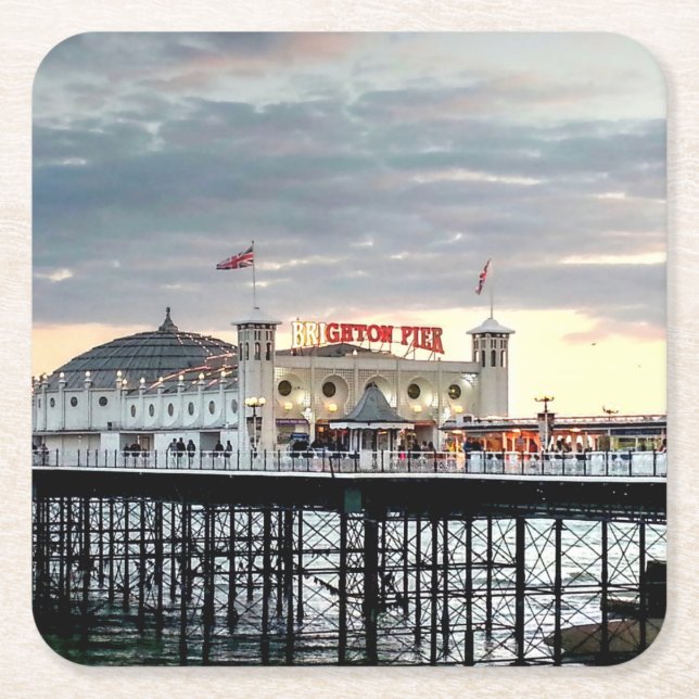 Brighton Pier Sunset Photo Square Paper Coaster (Front)