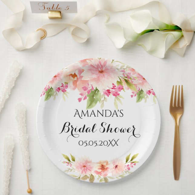 Briidal shower blush pink florals white name paper plate (Wedding)