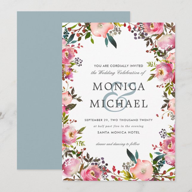 Brilliant Bloom | Floral Botanical frame Wedding Invitation (Front/Back)