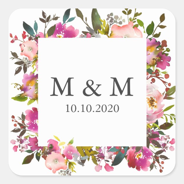 Brilliant Bloom Frame  Floral Wedding  Monogram Square Sticker (Front)