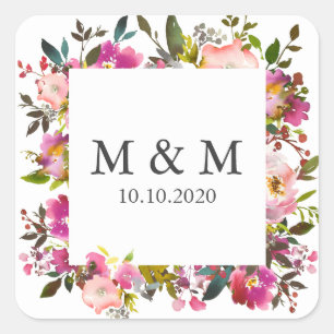 Brilliant Bloom Frame Floral Wedding Monogram Square Sticker