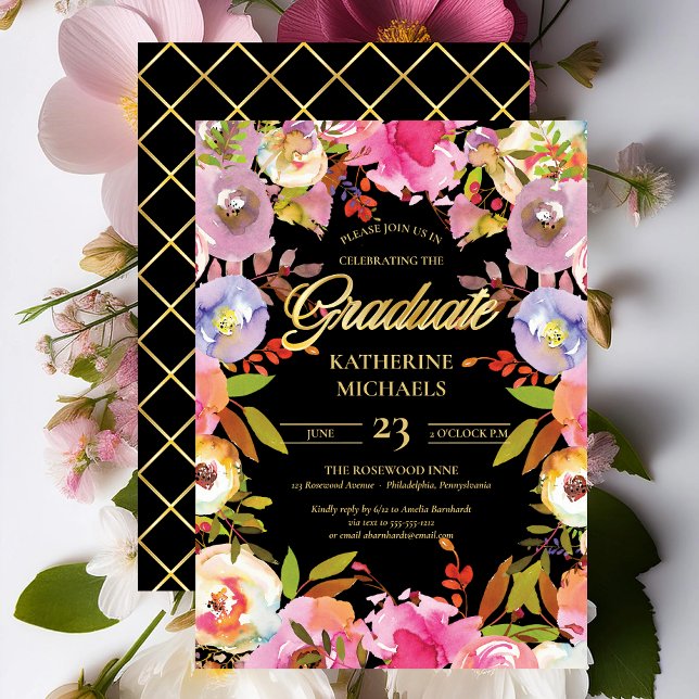 Brilliant Bloom Watercolor Floral Graduation Party Invitation (Brilliant Bloom Watercolor Floral Graduation Party Invitation with Faux Foil Accents Print | Digital)