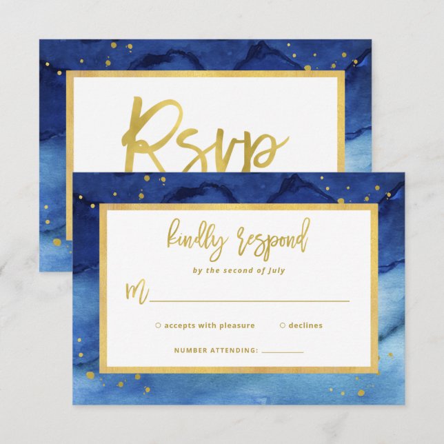 Brilliant Blue and Gold Bar Mitzvah or Bat Mitzvah RSVP Card (Front/Back)