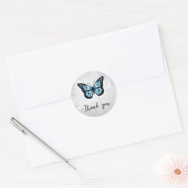 Brilliant Blue Butterfly Thank You Classic Round Sticker (Envelope)