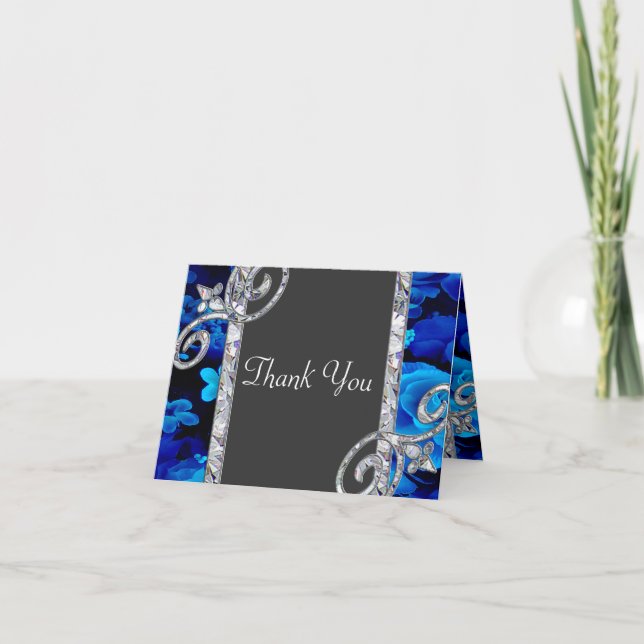 Brilliant Blue Roses & Diamond Swirls Wedding CSTM Thank You Card (Front)