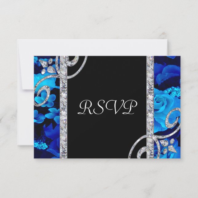 Brilliant Blue Roses & Diamond Swirls Wedding RSVP Card (Front)